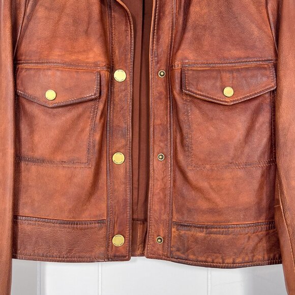 Michael Kors Lamb Leather Jacket Cropped Distressed Rustic Size Small Brown - Picture 4 of 16